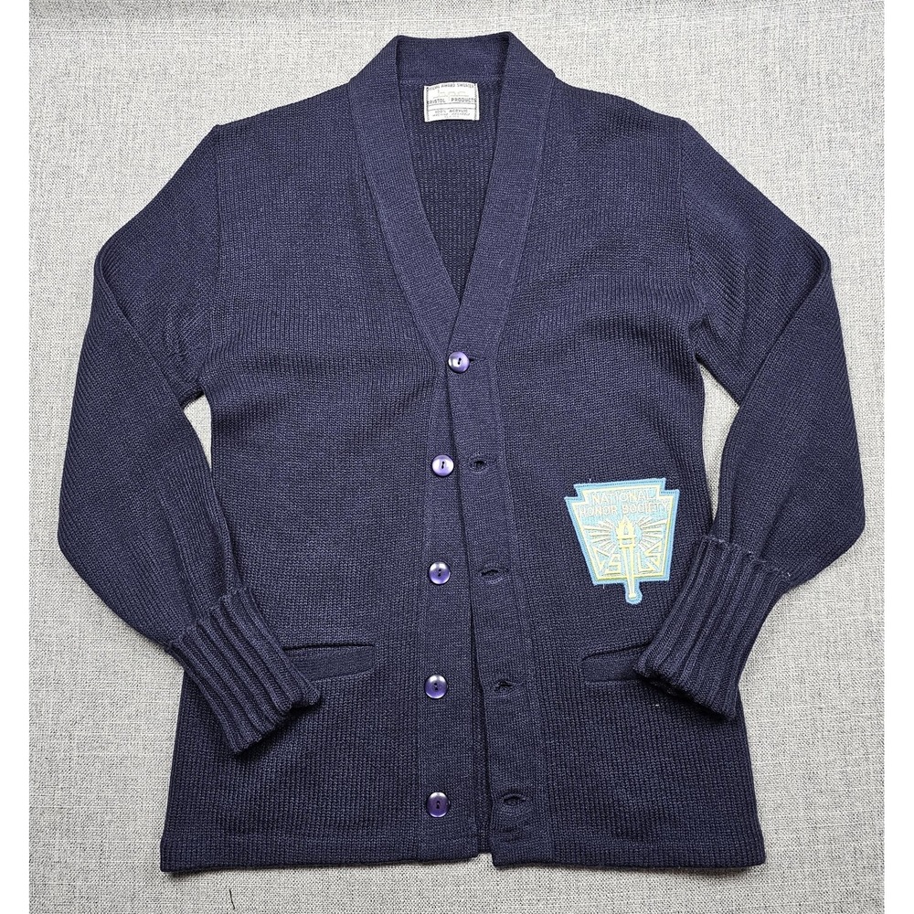 VINTAGE National Honor Society Cardigan Mens Medium Blue V Neck Sweater Bristol